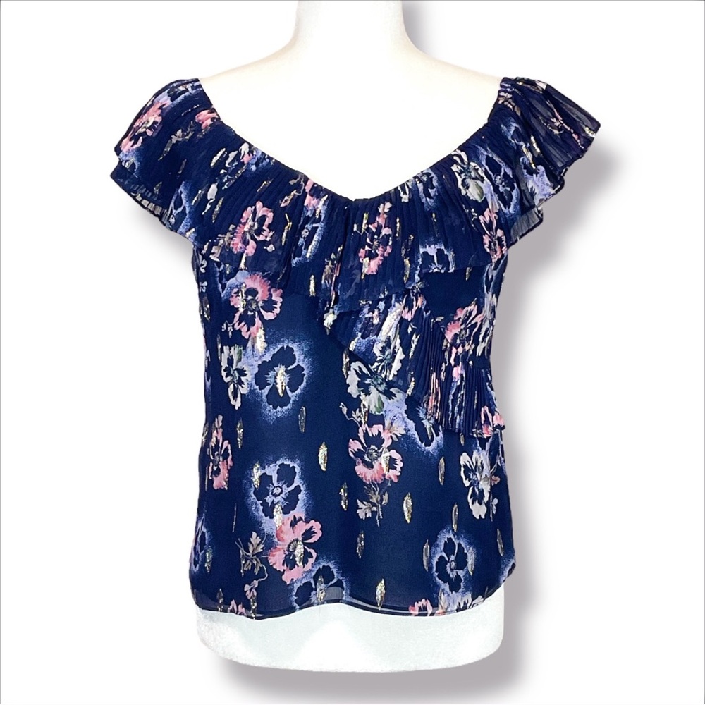 Rebecca Taylor Pleated Ruffle Sleeve Lurex Floral Silk Blend Top